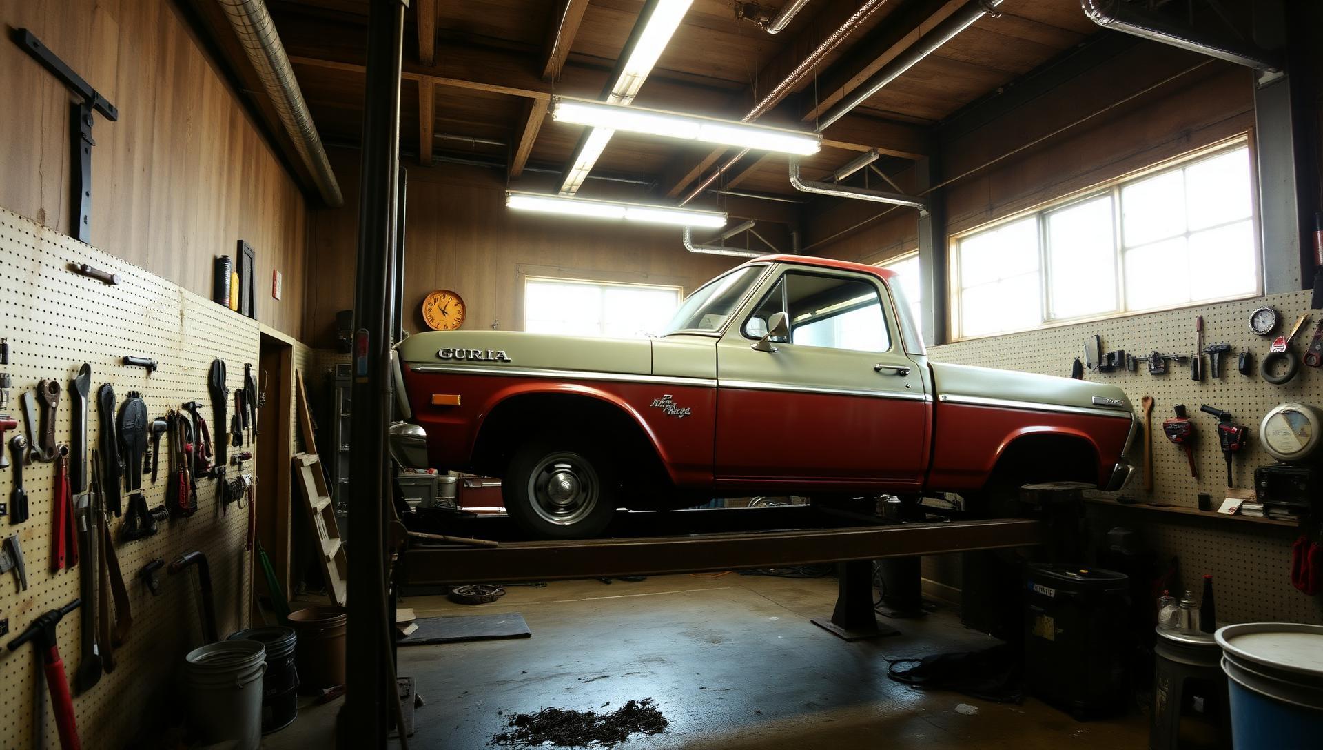 Pop's Auto Repair shop interior with a classic pickup on the lift
